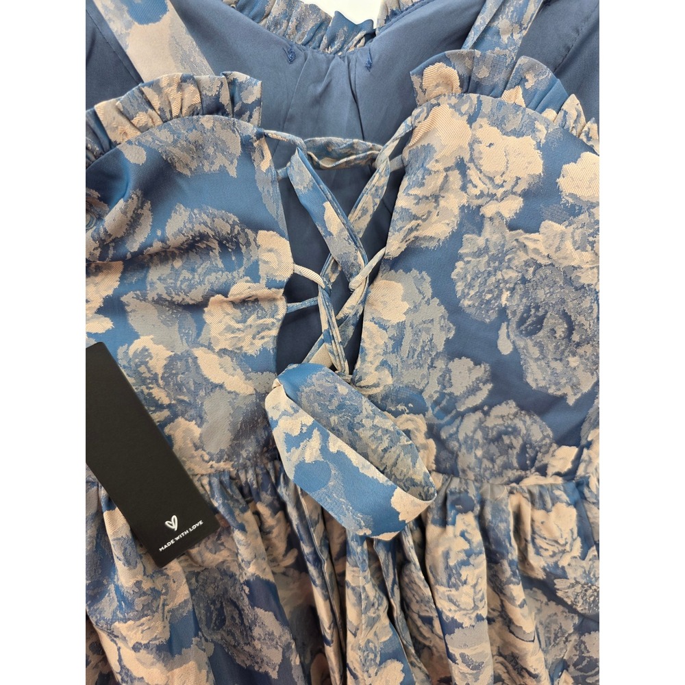 Lulus Lovely Bliss Blue Floral Jacquard Strapless Bustier Midi Dress Size Medium - Picture 10 of 10